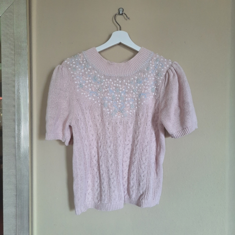 Vintage Pale Petal Pink Embroidered Puff Sleeve Sweater Cottage Cottagecore